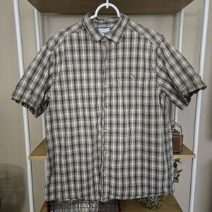 Columbia Button Down Collar Shirt Mens Short Sleeve Gray Plaid Casual Top Large